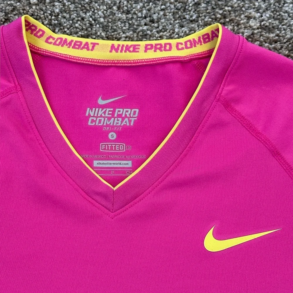 Nike Pink Dri-FIT V-Neck Short Sleeve Top with Yellow Swoosh